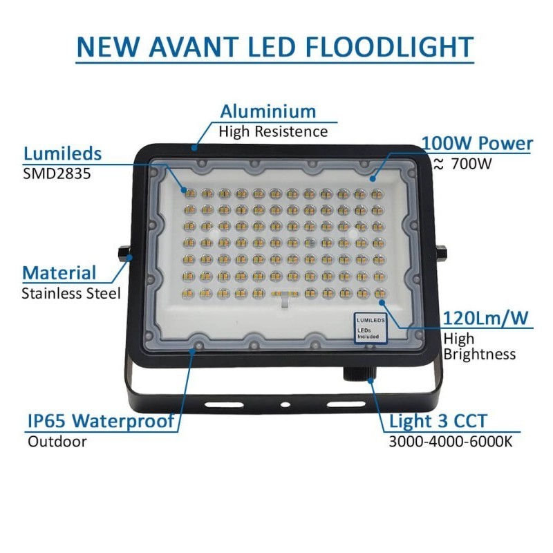 Foco Proyector LED 100W NEW AVANT BLACK - CCT COLOR SELECCIONABLE