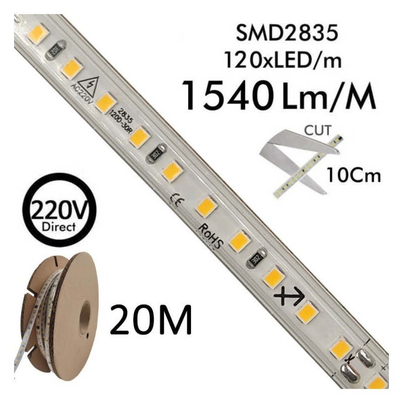 STRAP LED 220V | 120xLED / M | 20m | SMD2835 | 1540lm / m | 14W / m | IP67 | Cut every 10cm