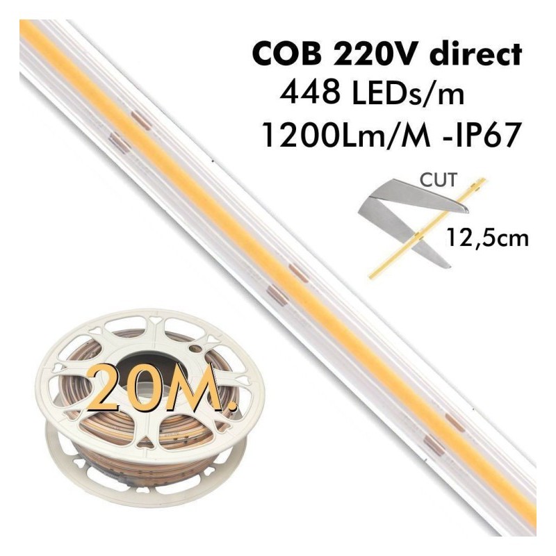 Tira LED COB 220V | 448 LED/M | 20m | FLIP CHIP | 1200Lm/M |14W/M | CRI+82 | IP67