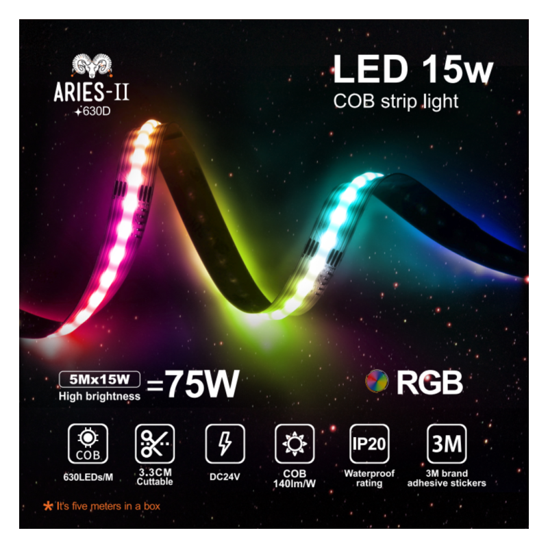 Tira LED 24V RGB COB 6W/m Rollo 5m IP20